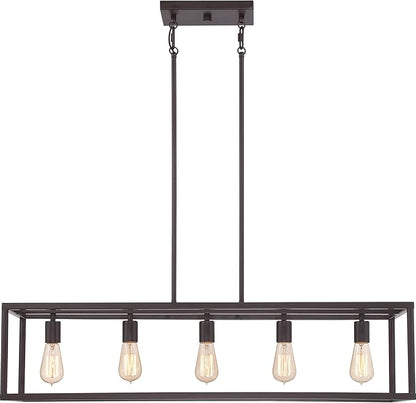 Quoizel New Harbor Linear Chandelier, 38 Inch 5-Light Western Bronze Open-Frame Pendant Lights, 100W, Max Adjustable Height 50", Island Chandelier for Kitchen, Over the Dining Table or Living Room