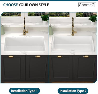 32 White Undermount Kitchen Sink Porcelain 32x19x10 Inch Dual Mount White Single Bowl Ceramic Kitchen Sink - Brushed Drain Strainer