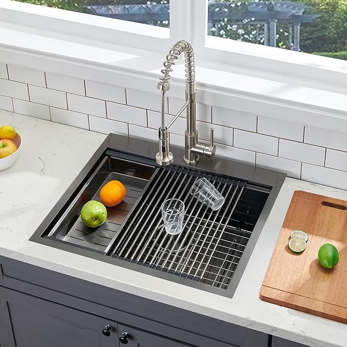 SHACO 25x22 Black Drop In Kitchen Sink, 25 Inch Topmount Stainless Steel Workstation Sink, Single Bowl Bar Prep RV Laundry Small Kitchen Sink with Cutting Board