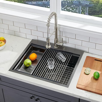 SHACO 25x22 Black Drop In Kitchen Sink, 25 Inch Topmount Stainless Steel Workstation Sink, Single Bowl Bar Prep RV Laundry Small Kitchen Sink with Cutting Board