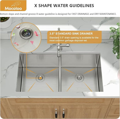 Mocoloo 33 Inch Kitchen Sink Double Bowl 16 Gauge 33 x 19 Stainless Steel Undermount Double Sink 50/50 Two Equal Compartment Under Counter Handmade, 10'' Deep Basin