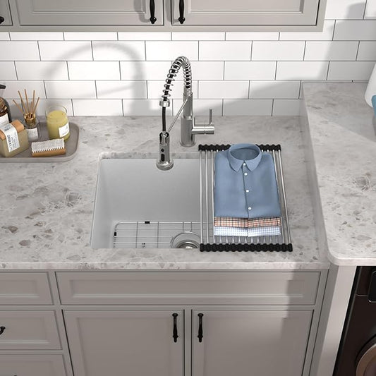 12" Deep White Laundry Utility Sink - 24"x18"x12" Granite Composite Undermount Laundry Sink White Quartz Classic Under Counter Single Bowl Extra Deep Sinks #TLGU-120