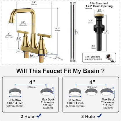 Bathroom Sink Faucet, Hurran 4 inch Brushed Gold Bathroom Faucets for Sink 3 Hole with Pop-up Drain and Supply Hoses, 360 Swivel Spout 2-Handle Centerset Faucet for Vanity RV Farmhouse