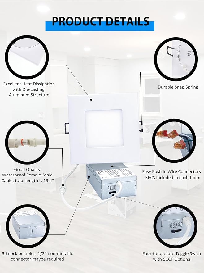 POPANU Recessed Lighting 4-inch Square-LED - Canless Recessed Light Fixture, Dimmable Ceilling Light with Junction Box, 2700|3000|3500|4000|5000K, 9W, Gold, 6P