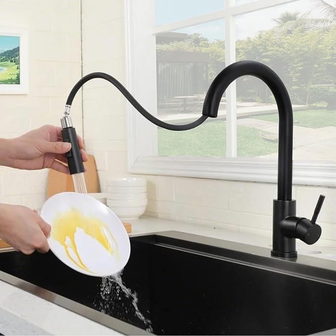Hotis Black Kitchen Faucet with Pull Down Sprayer, High Arc Stainless Steel Sink Faucet, Single Handle Bar Faucet Black, Commercial Farmhouse RV Bar Sink Faucet, HT-KBD101B