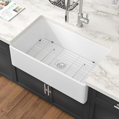White Farmhouse Sink 33 Inch Fireclay Apron Front Farm Sinks Drop In Undermount Large Deep Farm Country Style Single Bowl Farm Sinks with Luxury Accessory, 33"x20"x10"