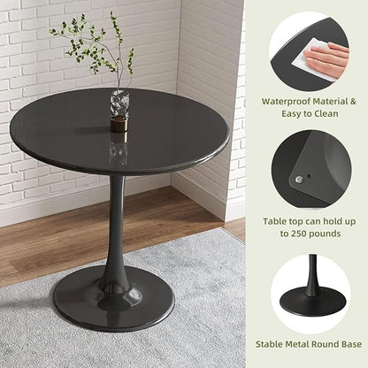32" MDF Top Island Table, Rustic Dining Table with Cylindrical Metal Base, Farmhouse Dining Table for Small Spaces & Studios, Black