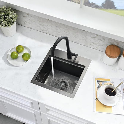 15x15 Black Bar Sink Drop In - 16 Gauge Black Stainless Steel Small Kitchen Sink, 9" Deep Single Bowl Workstation Sinks with Accessories for RV, Outdoor Kitchen & Wet Bar