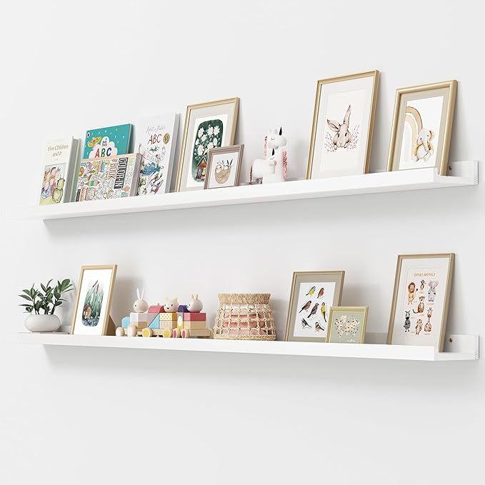 FLYJOE Picture Ledge Shelf, Floating Shelves Set of 2, Solid Pine Wood 72'' Long Large Nursery Book Shelves for Toys Storage, Kids Bookshelf for Living Room Bedroom Decor Books Photo Frames, White