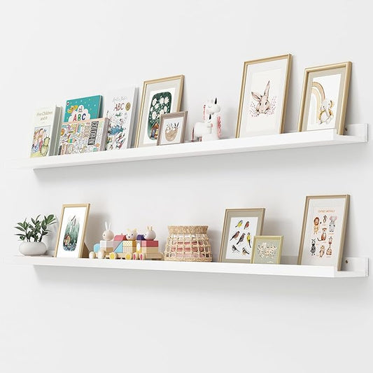 FLYJOE Picture Ledge Shelf, Floating Shelves Set of 2, Solid Pine Wood 72'' Long Large Nursery Book Shelves for Toys Storage, Kids Bookshelf for Living Room Bedroom Decor Books Photo Frames, White