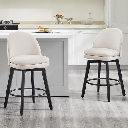 Counter Height Barstools 26 inch Upholstered Swivel Bar Stools with Back and Wood Legs for Kitchen Island,Set of 2,Beige Fabric-Armless