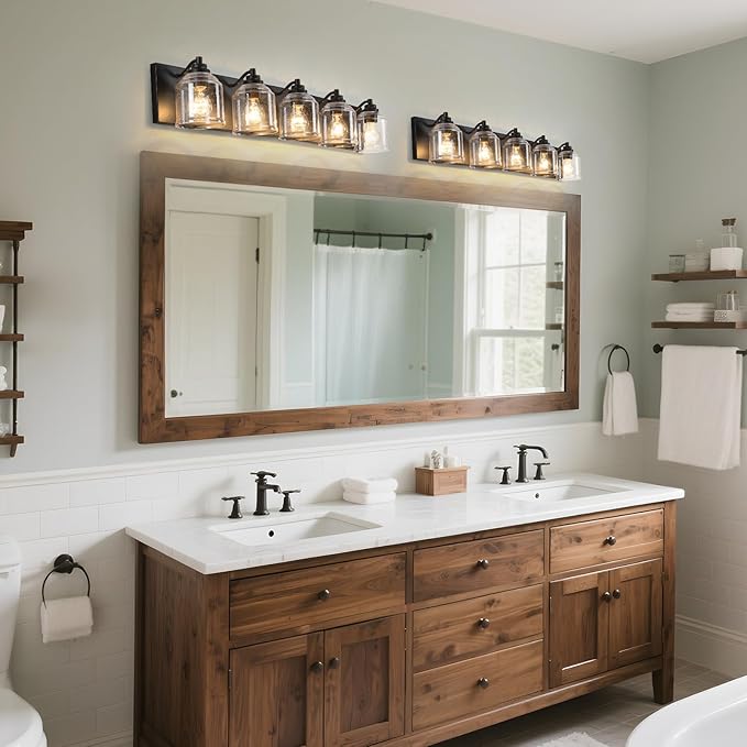 Vanity Lights for Bathroom Large 40", Farmhouse Rustic Vanity Light with Bubble Glass Shades, Black 5 Light Bathroom Lighting Fixtures Over Mirror, Bath Wall Sconce Home Decor