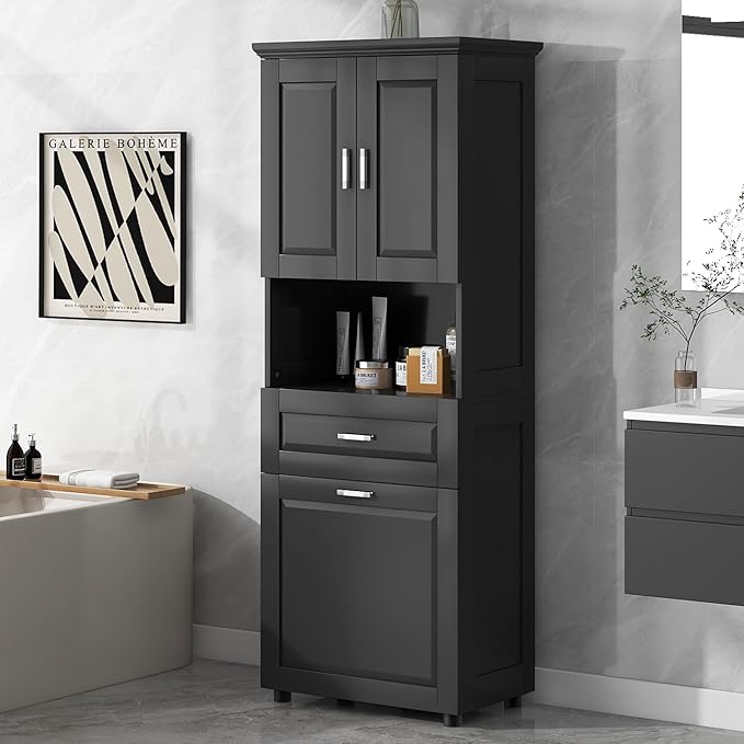 Merax 70" Tall Storage Cabinet with Laundry Hamper, 1 Drawer and Adjustable Shelf, Freestanding for Bathroom, Black