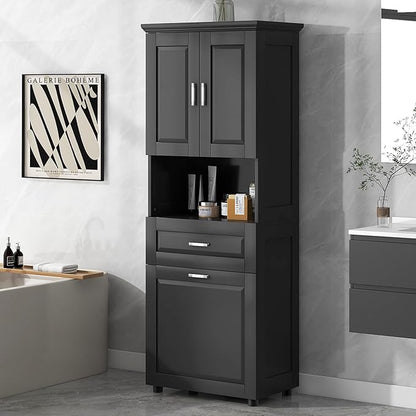 Merax 70" Tall Storage Cabinet with Laundry Hamper, 1 Drawer and Adjustable Shelf, Freestanding for Bathroom, Black