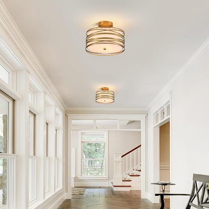 Drum Semi Flush Mount Ceiling Light Fixture, Gold Matal & Linen Fabric Shade Ceiling Light, Modern Farmhouse Close to Ceiling Light for Bedroom, Hallway, Entryway, Dining Room, Laundry Room