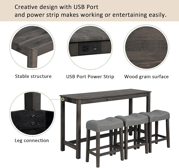 4 Piece Bar Table Set with Power Outlet, USB and Type-C Ports, Wooden Counter Height Table with 3 Upholstered Stools, Modern Dark Gray Bar Set for Kitchen or Dining Room