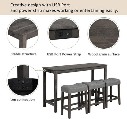 4-Piece Bar Height Table and Chairs Set - Rustic Bar Table with Integrated Power Outlets, 3 Padded Stools, Perfect as Kitchen Table, Small Dining Set, or Kitchen Island with Seating (Dark Gray)
