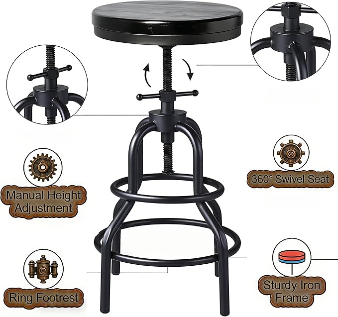 LOKKHAN Vintage Industrial Bar Stool - Rustic Swivel - Round Wood Metal - Kitchen Counter Height Adjustable - Pipe Stool - Cast Steel - 20-27 Inch (Set of 2)