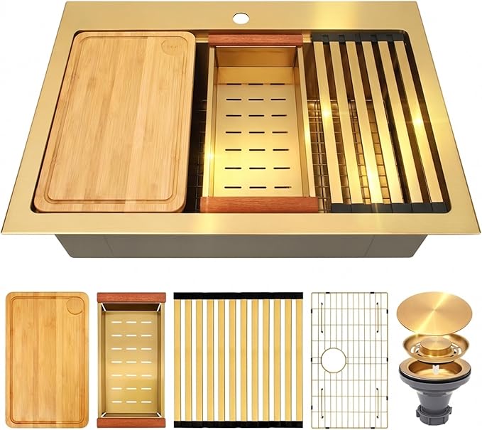 Rhbamoa Gold Kitchen Sink,31 Inch Gold Drop in Kitchen Sink Single Bowl,16 Gauge T304 Stainless Steel Workstation Sinks,10 Inch Deep Topmount Sinks with All Accessories