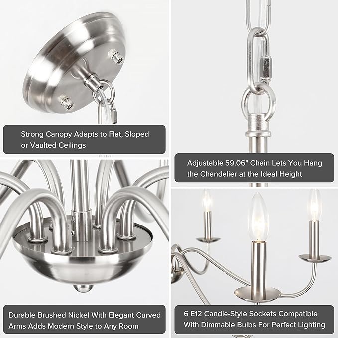 6-Light Brushed Nickel Chandelier, Modern Candle Chandelier Light Fixture, 27.5'' Contemporary Dining Room Chandelier for Kitchen Island Living Room Entryway Foyer