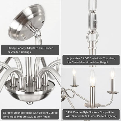 6-Light Brushed Nickel Chandelier, Modern Candle Chandelier Light Fixture, 27.5'' Contemporary Dining Room Chandelier for Kitchen Island Living Room Entryway Foyer