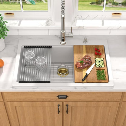 33x22 White Granite Composite Drop-In Kitchen Sink, Single Bowl Classic Quartz Composite Workstation All-In One Sink with Mixing Bowl, Pasta Strainer, Two-Holes Configuration #TLGT-114
