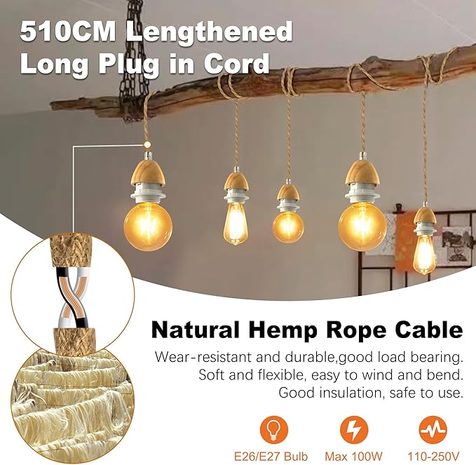 Vintage Hemp Rope Pendant Light Fixtures, 2PCS Rustic Hanging Lights with 16.7FT Plug in Cord, Retro Pendant Light Cord Kit, E26 E27 Light Socket Hanging Plug in Light Fixture, for Farmhouse
