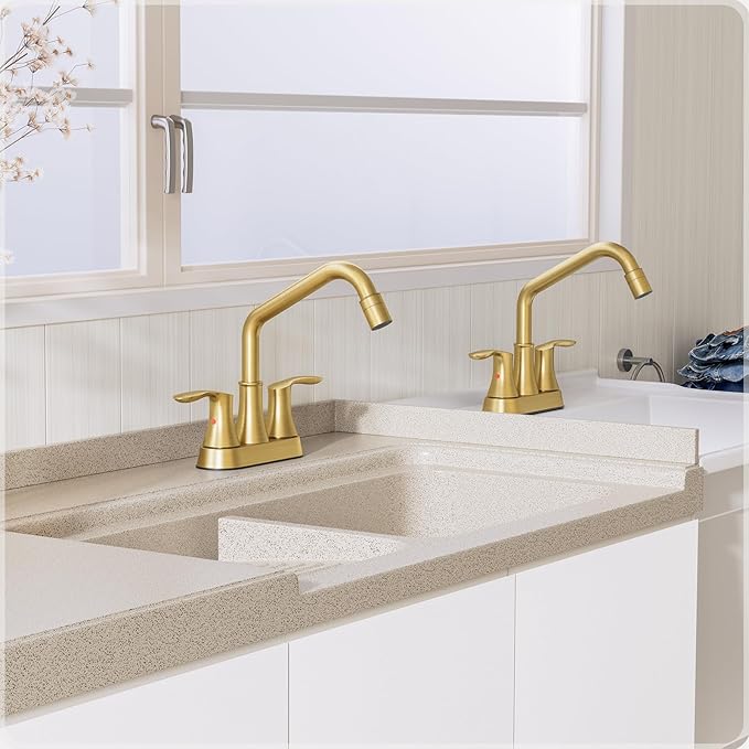 Phiestina Gold Utility Sink Faucet 3 Hole, Laundry Sink Faucet with Pull Out Sprayer, Long Spout Dual Handle Modern Bathroom Faucet, 4 Inch CenterSet Laundry & Utility Room Sink Faucets, LF36CL-2M-BG