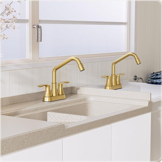 Phiestina Gold Utility Sink Faucet 3 Hole, Laundry Sink Faucet with Pull Out Sprayer, Long Spout Dual Handle Modern Bathroom Faucet, 4 Inch CenterSet Laundry & Utility Room Sink Faucets, LF36CL-2M-BG