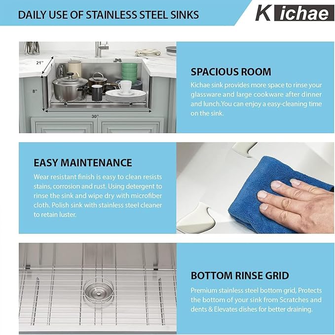 Kichae 30 Inch Farmhouse Sink Stainless Steel Apron Front Farm Sink for Kitchen, Undermount Workstation with Integrated Ledge 30x22 Deep Single Bowl