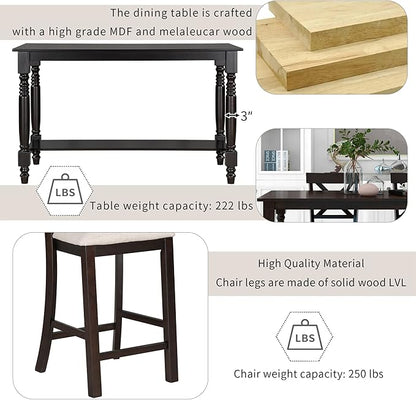 VilroCaz Modern Elegant 6-Piece Counter Height Kitchen Dining Table Set, Solid Wood 60'' Rectangle Table with Bottom Shelf, 4 Comfort Upholstered Chairs 1 Bench for Dining Room Restaurant (Espresso)