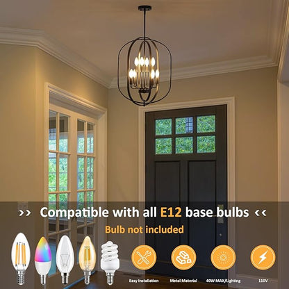 Black Chandelier for Dining Room Light Fixture, 8-Light Foyer Lighting Fixtures Adjustable Pendant Lights Kitchen Island Rustic Modern Farmhouse Chandelier for Entryway, Living Room, Foyer, Bedroom