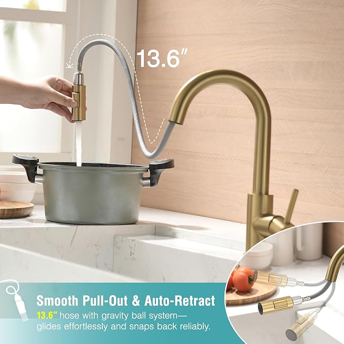 Cenosa Modern Bar Sink Faucet for Kitchen Sink Single Handle with Pull Out Sprayer Hot and Cold Prep Sink Faucet Brushed Gold
