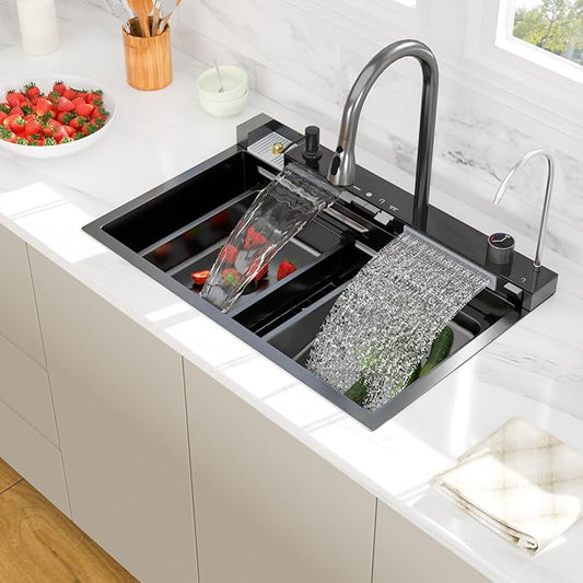 30 Inch Waterfall Kitchen Sink - Beslend 30x19 Drop In Waterfall Sink Nano Black Workstation Smart Sinks 16 Gauge Stainless Steel Single Bowl Black Basin with Faucet Combo