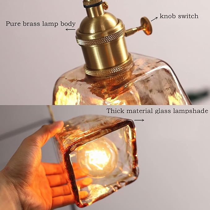 Vintage Amber Glass Pendant Light, Mid Century Square Brushed Brass Hanging Pendant Chandelier, E26/E27 Adjustable Height Farmhouse Pendant Lamp Fixture for Kitchen Island Living Room Dinning Room