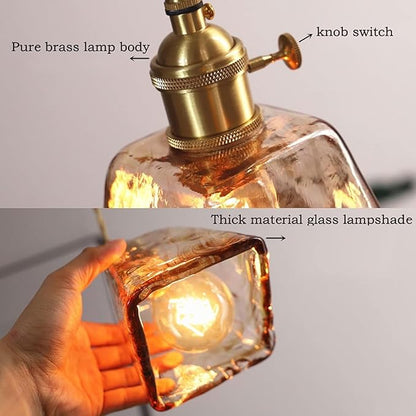 Vintage Amber Glass Pendant Light, Mid Century Square Brushed Brass Hanging Pendant Chandelier, E26/E27 Adjustable Height Farmhouse Pendant Lamp Fixture for Kitchen Island Living Room Dinning Room