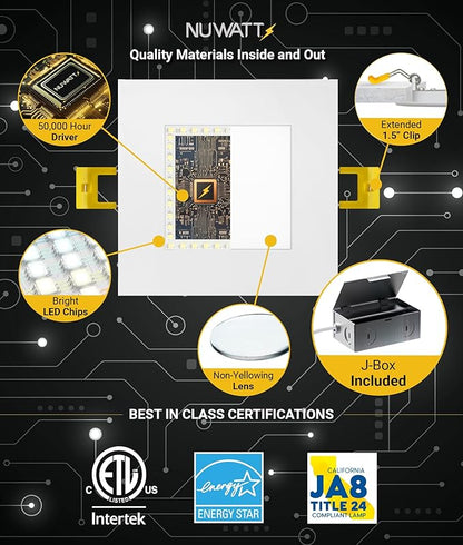 NUWATT 4 Inch Square Wafer LED Recessed Lights, 5 CCT Selectable 2700K/3000K/3500K/4000K/5000K, 630 Lumens Dimmable, Wet & IC Rated Downlight, 4" Canless Square Recessed Lighting, Metal J-Box, 6 Pack