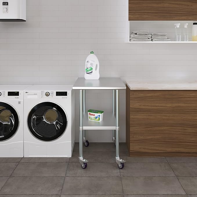 Stainless Steel Work Table with Wheels | NSF Kitchen Island Food Prep | Laundry Garage Utility Bench (Table + Wheels, 24" Long x 30" Deep)