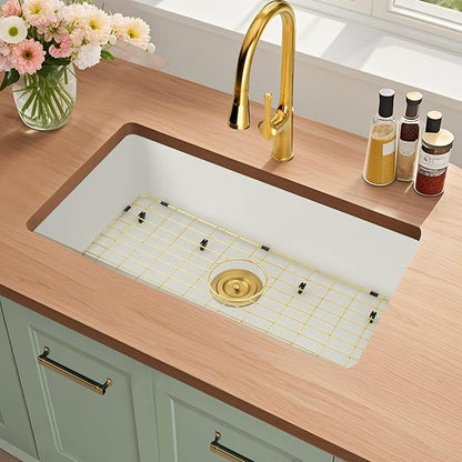 MILOSEN White Undermount Kitchen Sink, 28"x18" Granite Composite Single Bowl Kitchen Sinks, 9" Deep Large Undermount/Drop In Sink with Gold Accessories, White Quartz Kitchen Sinks for Modern Kitchen
