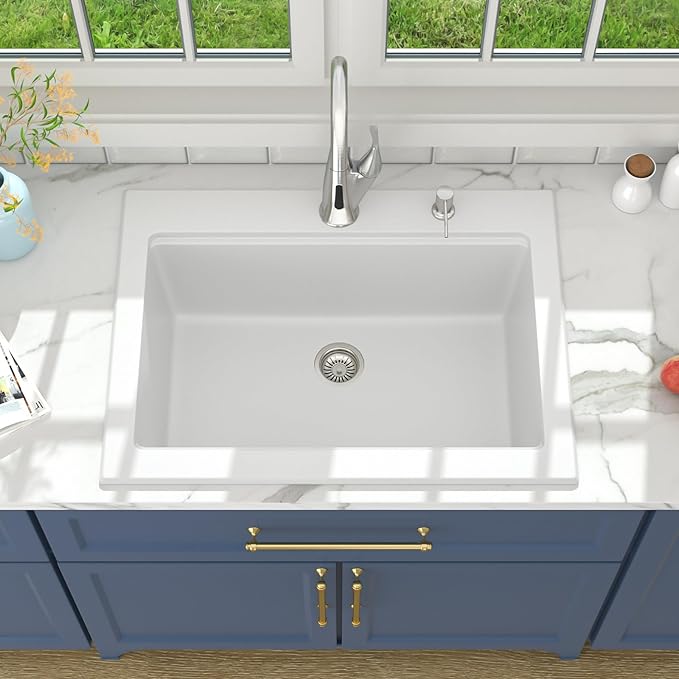 Lordear 30 Granite Composite Kitchen Sink Drop In Workstation 30X22 Inch Quartz White Kitchen Sink Single Bowl Kitchen Sinks with Accessories