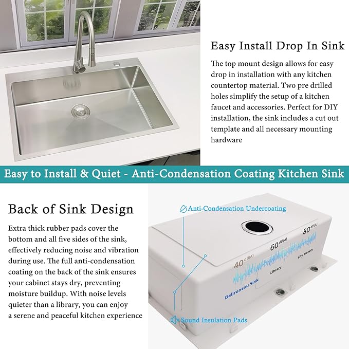 33x22 Drop In Kitchen Sink, Delironexu 18 Gauge 304 Stainless Steel Single Bowl Kitchen Sink, 33 Inch Top Mount Kitchen Sink, Kitchen Sink 33x22 Drop In with Bottom Grid & Drain Assembly