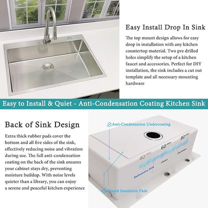 33x22 Drop In Kitchen Sink, Delironexu 18 Gauge 304 Stainless Steel Single Bowl Kitchen Sink, 33 Inch Top Mount Kitchen Sink, Kitchen Sink 33x22 Drop In with Bottom Grid & Drain Assembly