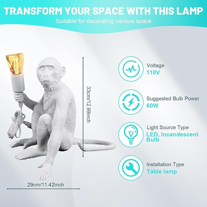 Monkey Desk Lamp, Bedside Monkey Statue Light, Creative Resin Table Light Lighting Fixture for Bedroom, Kids Room, Dining Living Room-White