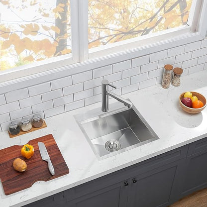HOTIS 18 X 18 Inch Drop In Bar Sink, Stainless Steel Small Kitchen Sink, Top Mount Deep Workstation Single Bowl, Outdoor Camper Rv Laundry Wet Bar Prep Sinks With Grid & Drain & Cutting Board