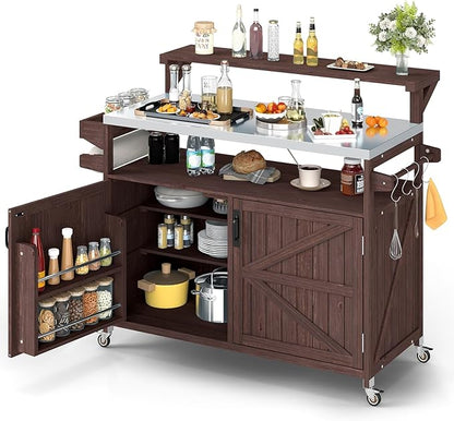 Zevemomo Outdoor Grill Cart with Raised Shelf, Stainless Steel Tabletop Outdoor Kitchen Island, Outdoor Buffet Cabinet with Lockable Wheels, Internal Storage Rack, Spice Rack for Grilling, Brown