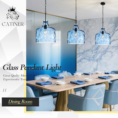 CATINER 16" Extra Large Farmhouse Pendant Light – Hand-Blown Blue Hammered Glass Shade, Black Finish, Adjustable Chain Hanging Light Fixture for Kitchen Island, Dining Room, Hallway