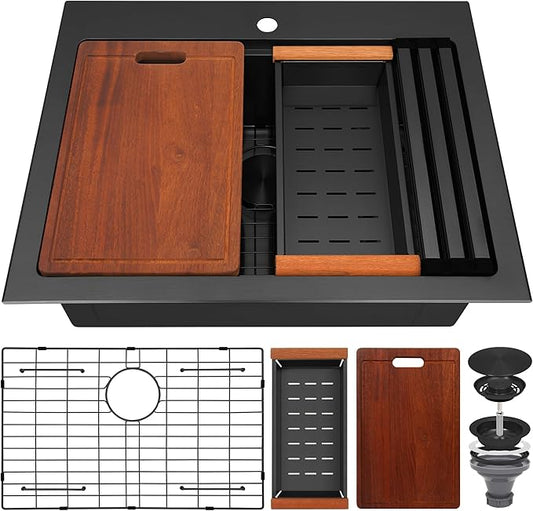 Black Drop In Kitchen Sink 28" X 22",Top Mount 16 Gauge Stainless Steel Workstation Sink,Deep & Large Single Bowl Kitchen Sinks (Black, 28" X 22")