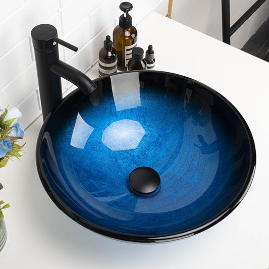 Design Vessel Sink Bathroom Sink above counter Small Vessel Sink Bathroom Sink Bowl Countertop Modern Sinks with faucet and drain combo 16.5" Round Blue New