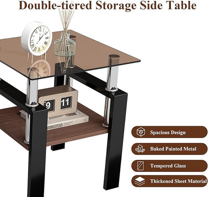 Set of 2 Glass End Table, 2-Layer Glass Living Room Table, Modern Tea Table Side Tables for Home Office Furniture