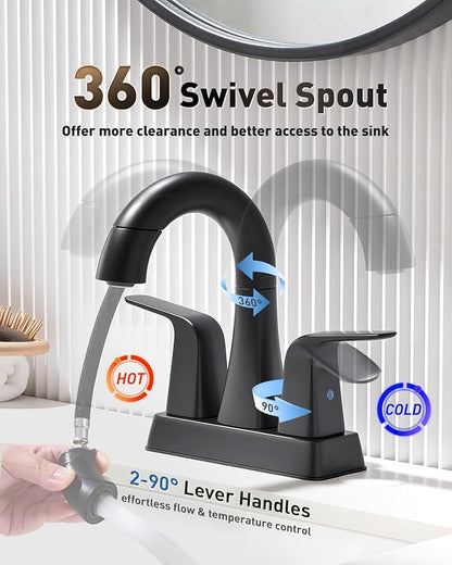 ‌BRAVEBAR Matte Black Bathroom Faucet 4 Inch Centerset 3 Hole, 2 Handle Faucet with Heat-Resistant Pull-Out Sprayer, 360° Swivel Spout & Pop-Up Drain, BF-116B